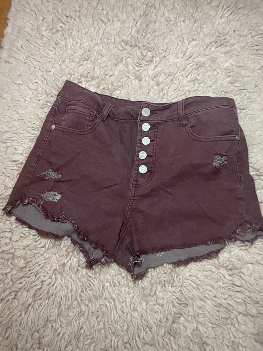 refuge Plum Button-Front Distressed Denim Shorts